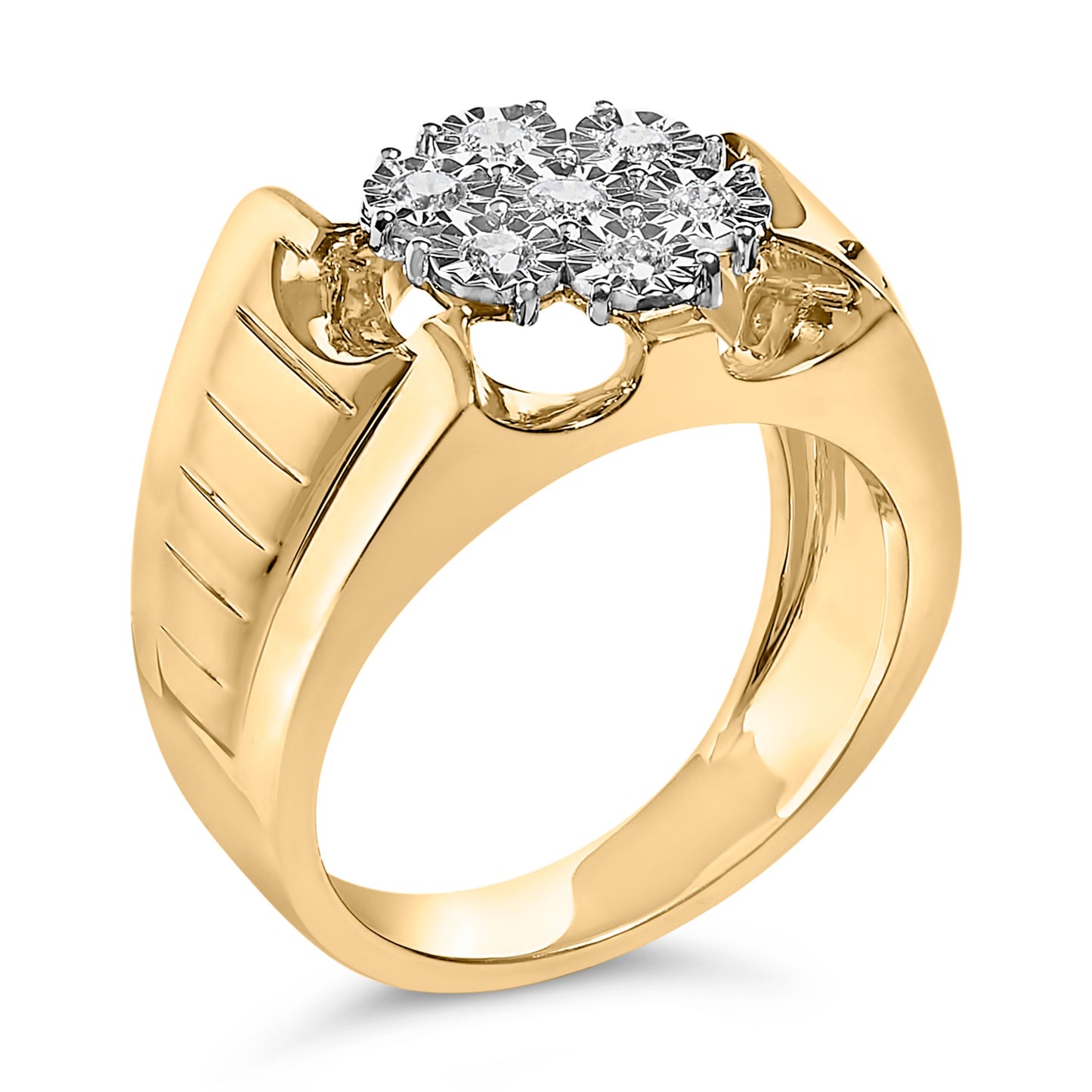 Men's 14K Yellow Gold Plated .925 Sterling Silver 1/3 Cttw Miracle-Set Floral Diamond Cluster Ring (I-J Color, I1-I2 Clarity) - Size 10 Bids.com