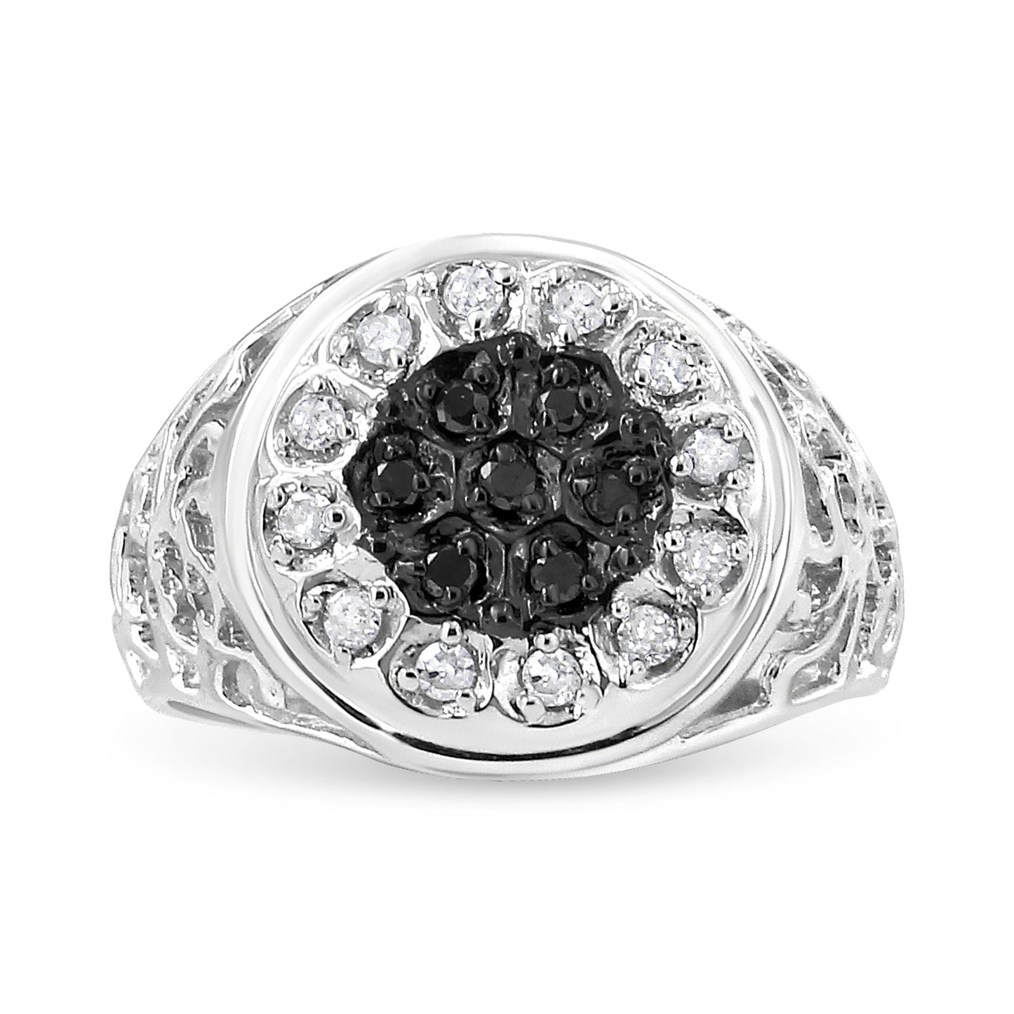 .925 Sterling Silver 1/4 Cttw White and Black Treated Diamond Halo Cluster Ring for Men (I-J Color, I3 Clarity) - Size 10 Bids.com