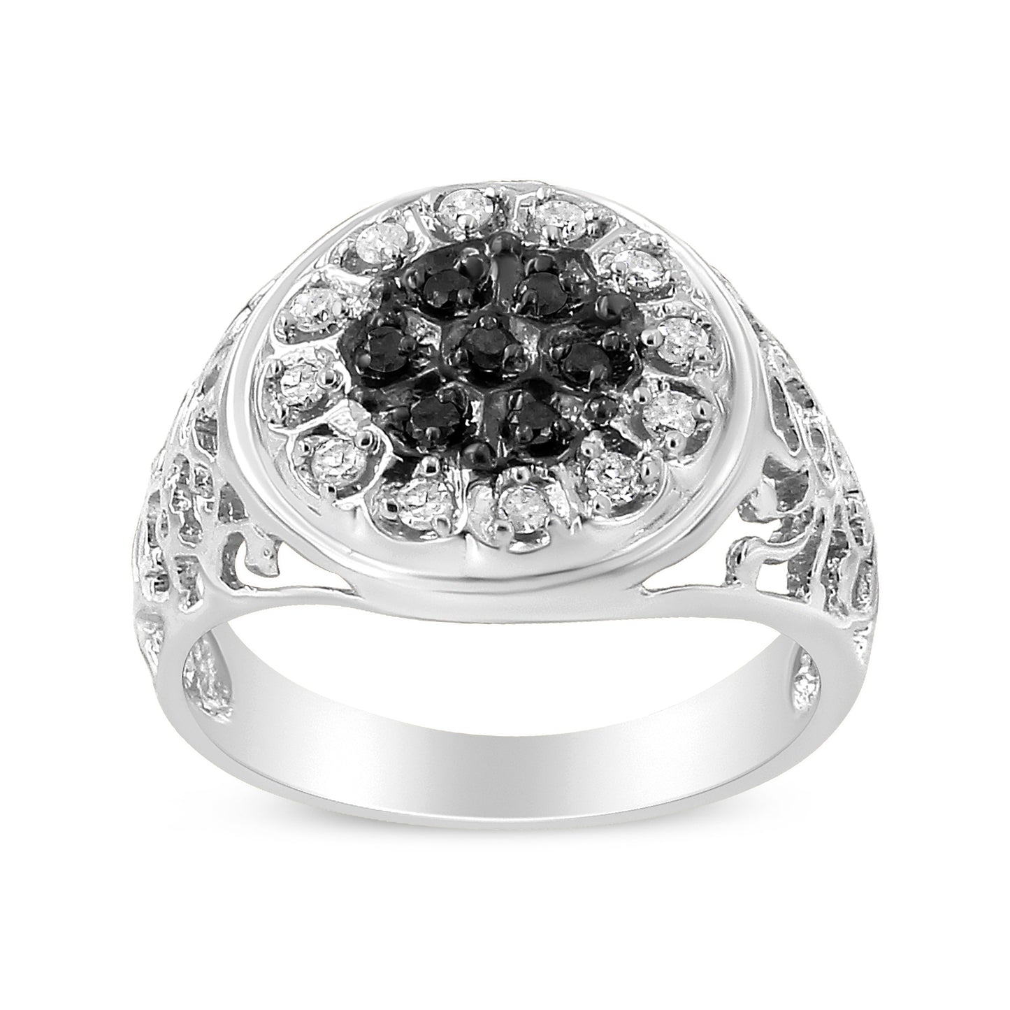 .925 Sterling Silver 1/4 Cttw White and Black Treated Diamond Halo Cluster Ring for Men (I-J Color, I3 Clarity) - Size 10 Bids.com