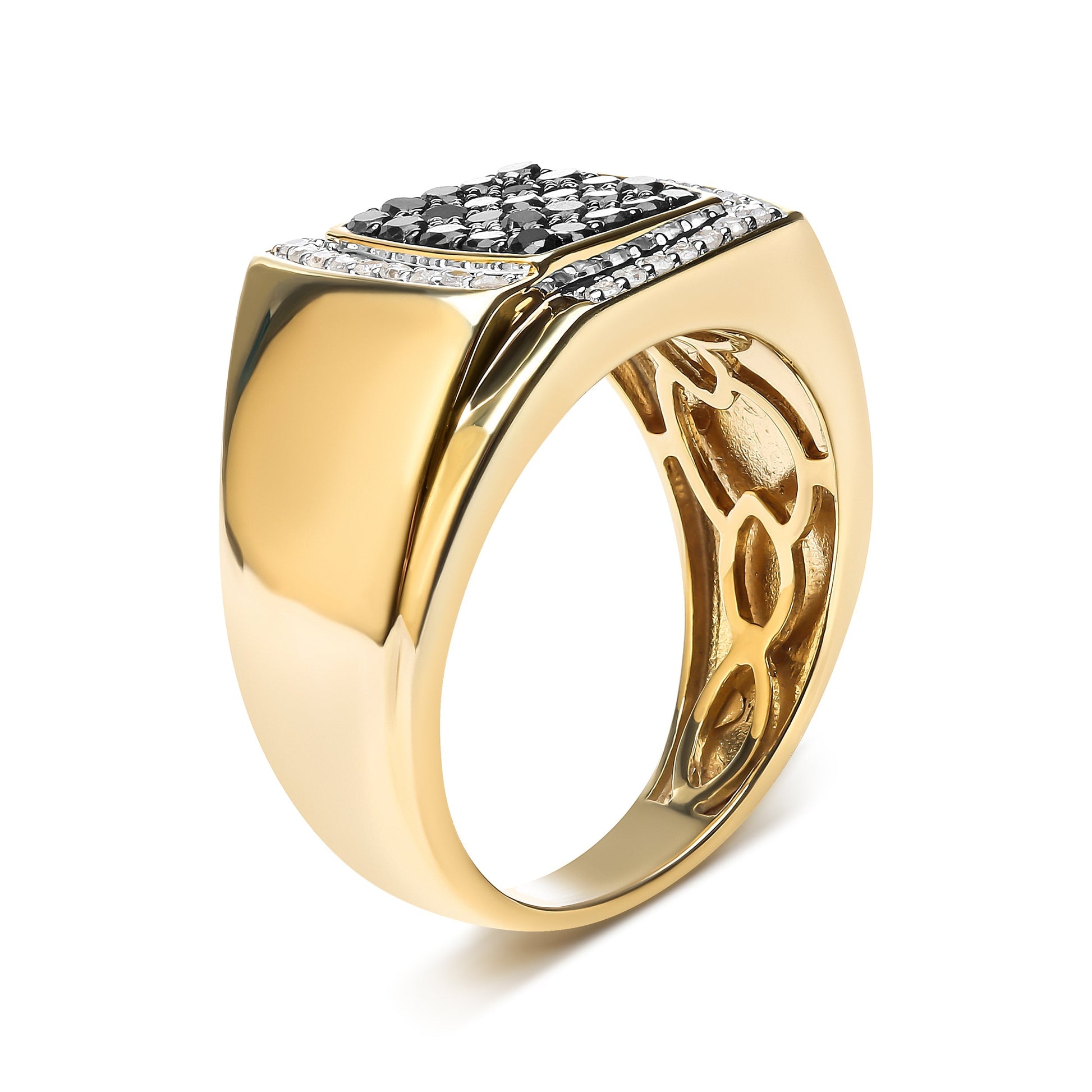 Men's 10K Yellow Gold 1.00 Cttw Cushion Cluster Black and White Diamond Statement Ring (I-J Color, I2-I3 Clarity) - Ring Size 10.5 Bids.com