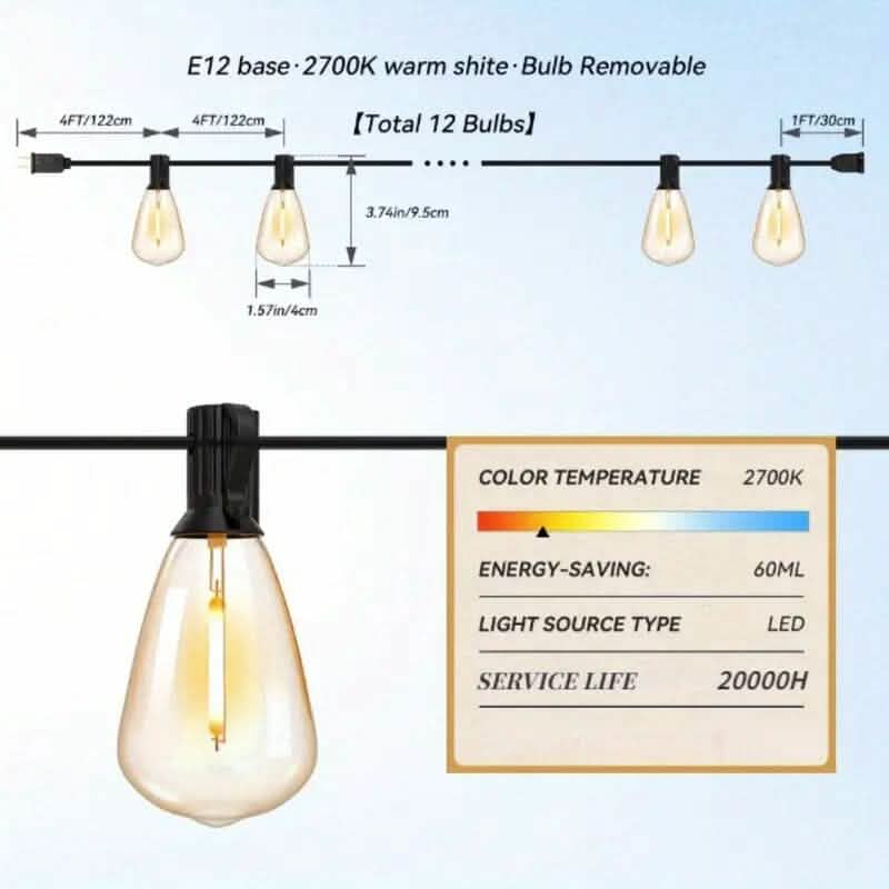 50 Ft. Solar String Outdoor Lights with Remote ST38 Vintage Edison Bulbs DailySale