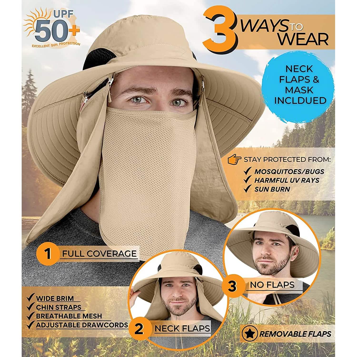 50+ Sun Protection Cap Wide Brim Fishing Hat with Face & Neck Flap DailySale