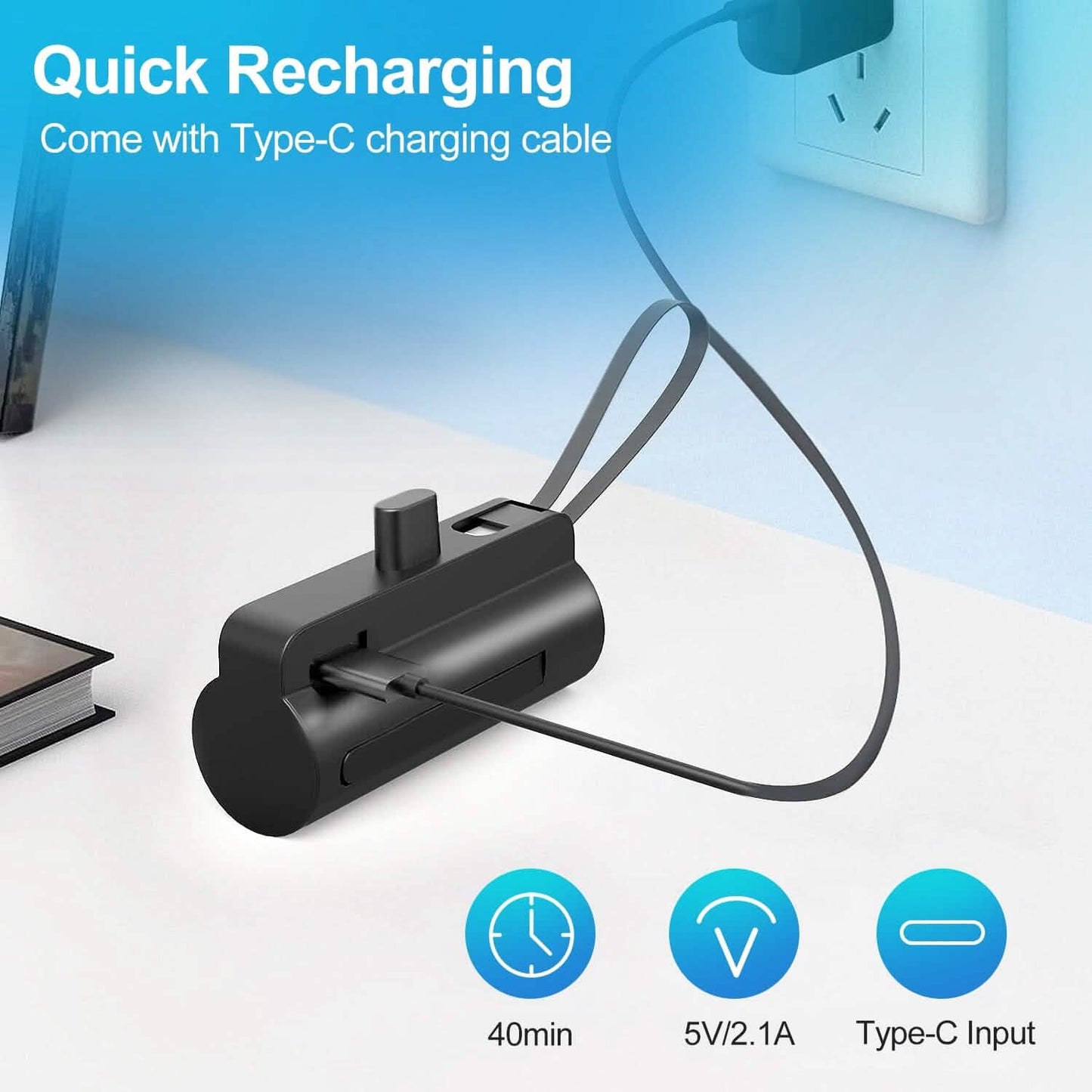 5000mAh Portable Phone Charger Built-in Type C Cable Dual Output DailySale
