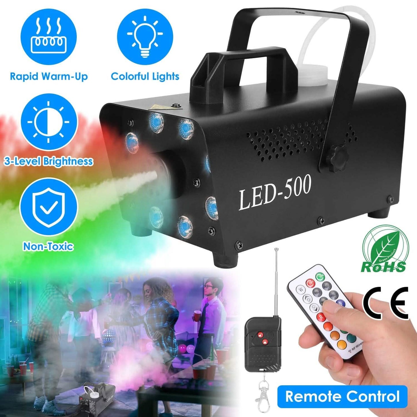 500W Fog Machine 2000CFM Colorful Smoke Machine with 8-Pieces LEDs 5 Lighting Effects 3-Level Brightness DailySale