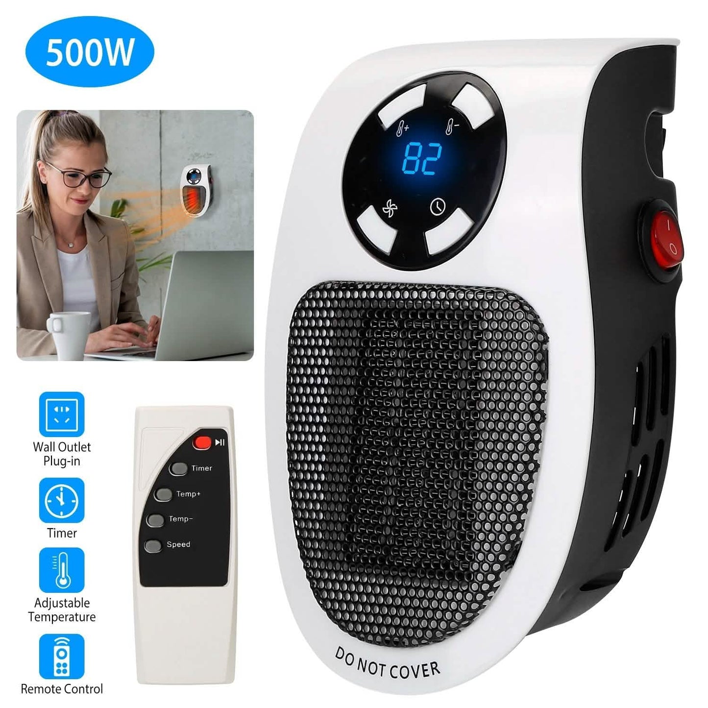 500W Portable Heater Fan Wall Outlet with Remote Control DailySale