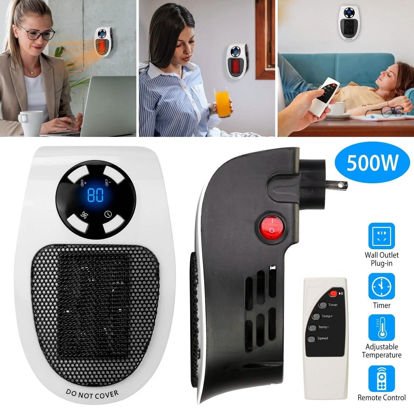 500W Portable Heater Fan Wall Outlet with Remote Control DailySale