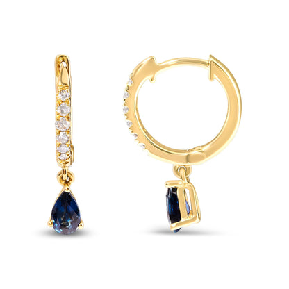 10K Yellow Gold Pear Blue Sapphire and 1/10 Cttw Diamond Drop and Dangle Huggy Hoop Earrings (H-I Color, I1-I2 Clarity) Bids.com