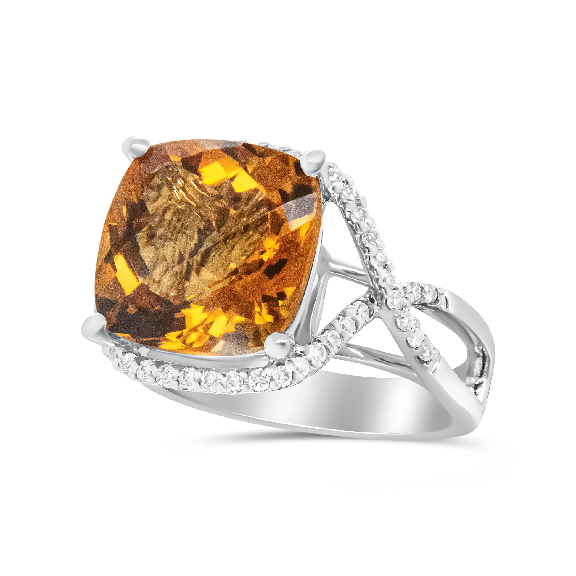 14K White Gold 12mm Cushion Cut Yellow Citrine Gemstone and 1/3 Cttw Round Pave-Set Diamond Ring - (H-I Color, VS1-VS2 Clarity)- Size 6.5 Bids.com