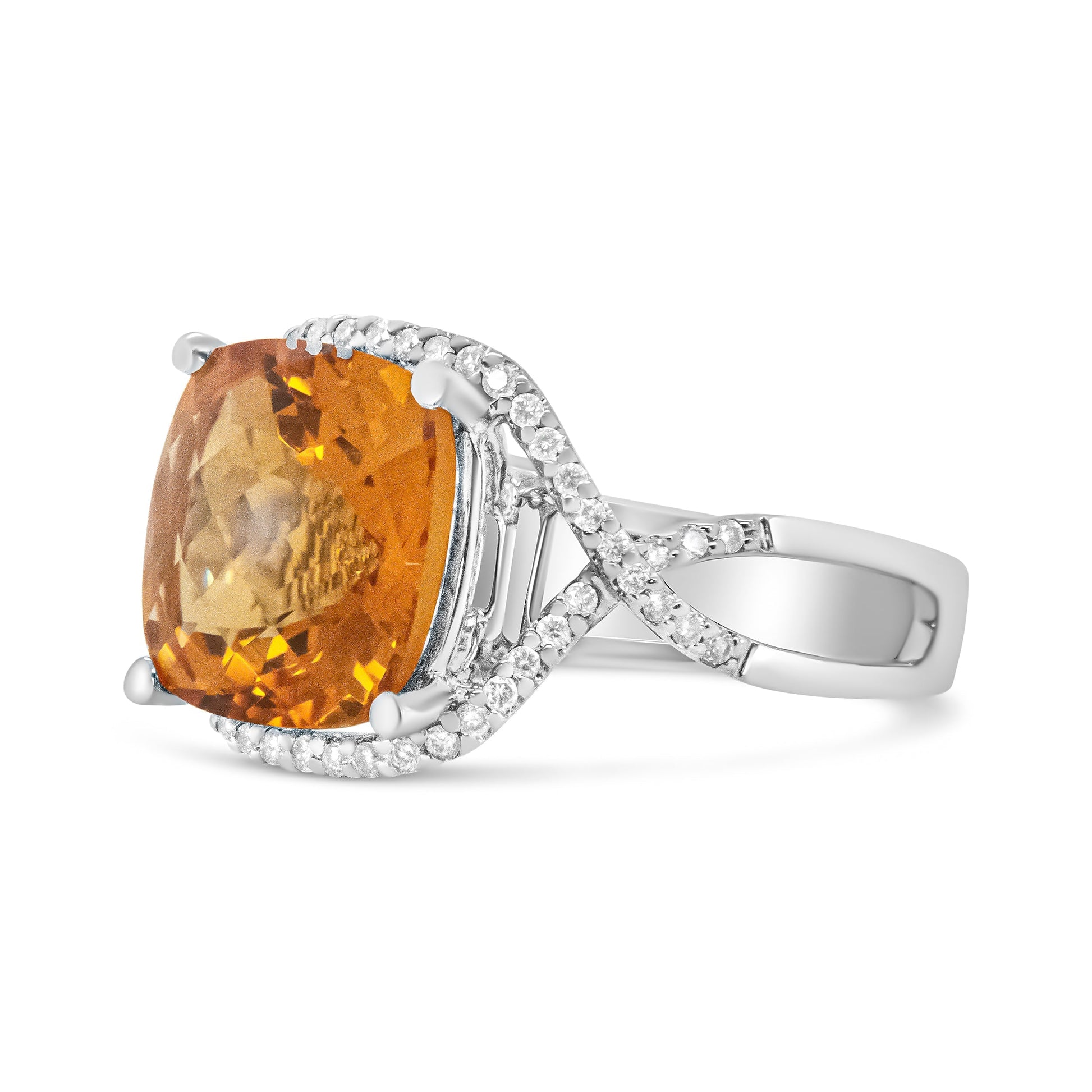 14K White Gold 12mm Cushion Cut Yellow Citrine Gemstone and 1/3 Cttw Round Pave-Set Diamond Ring - (H-I Color, VS1-VS2 Clarity)- Size 6.5 Bids.com