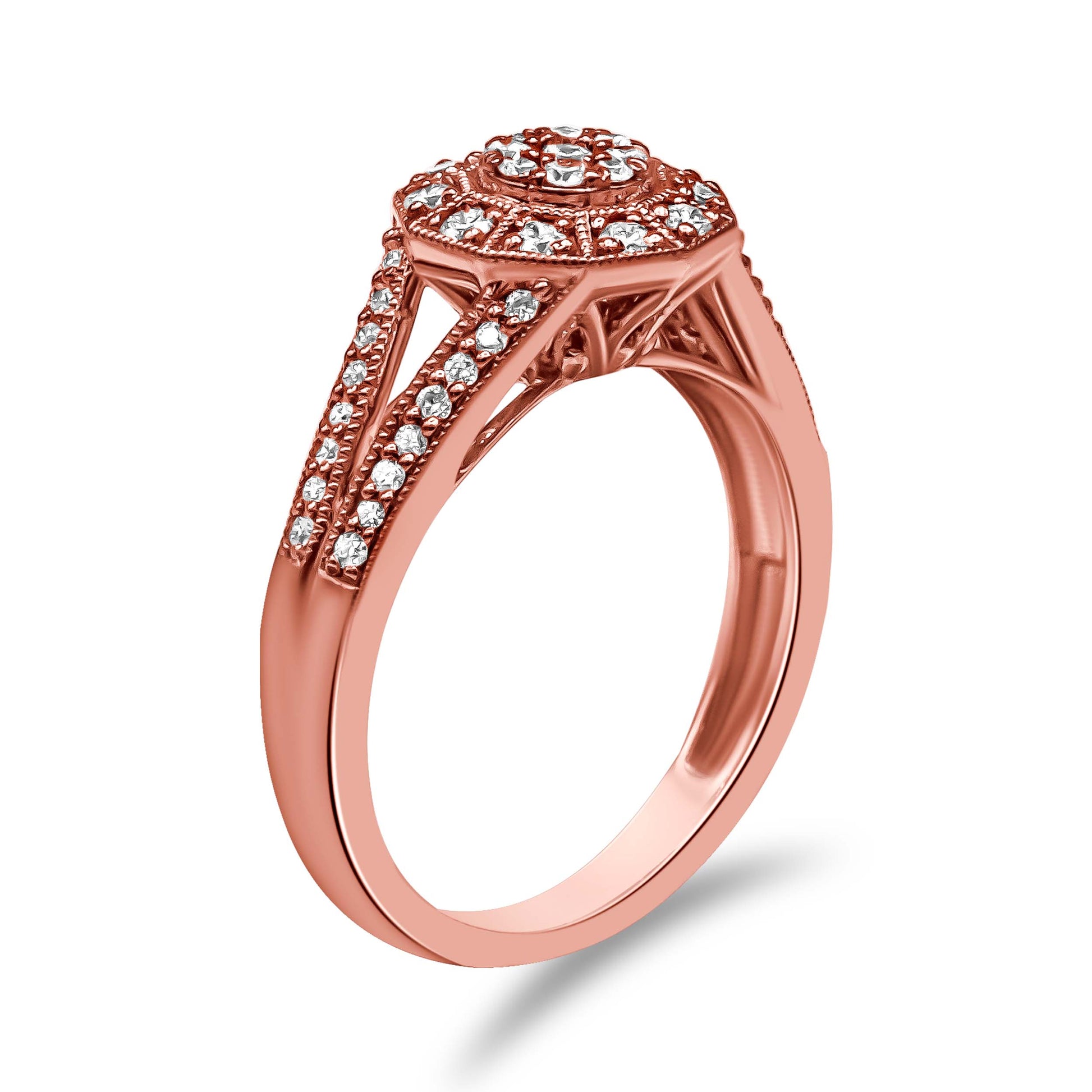 14K Rose Gold Plated .925 Sterling Silver 1/2 Cttw Pave Diamond Halo Cluster Split Shank Cocktail Ring (I-J Color, I1-I2 Clarity) - Size 6 Bids.com
