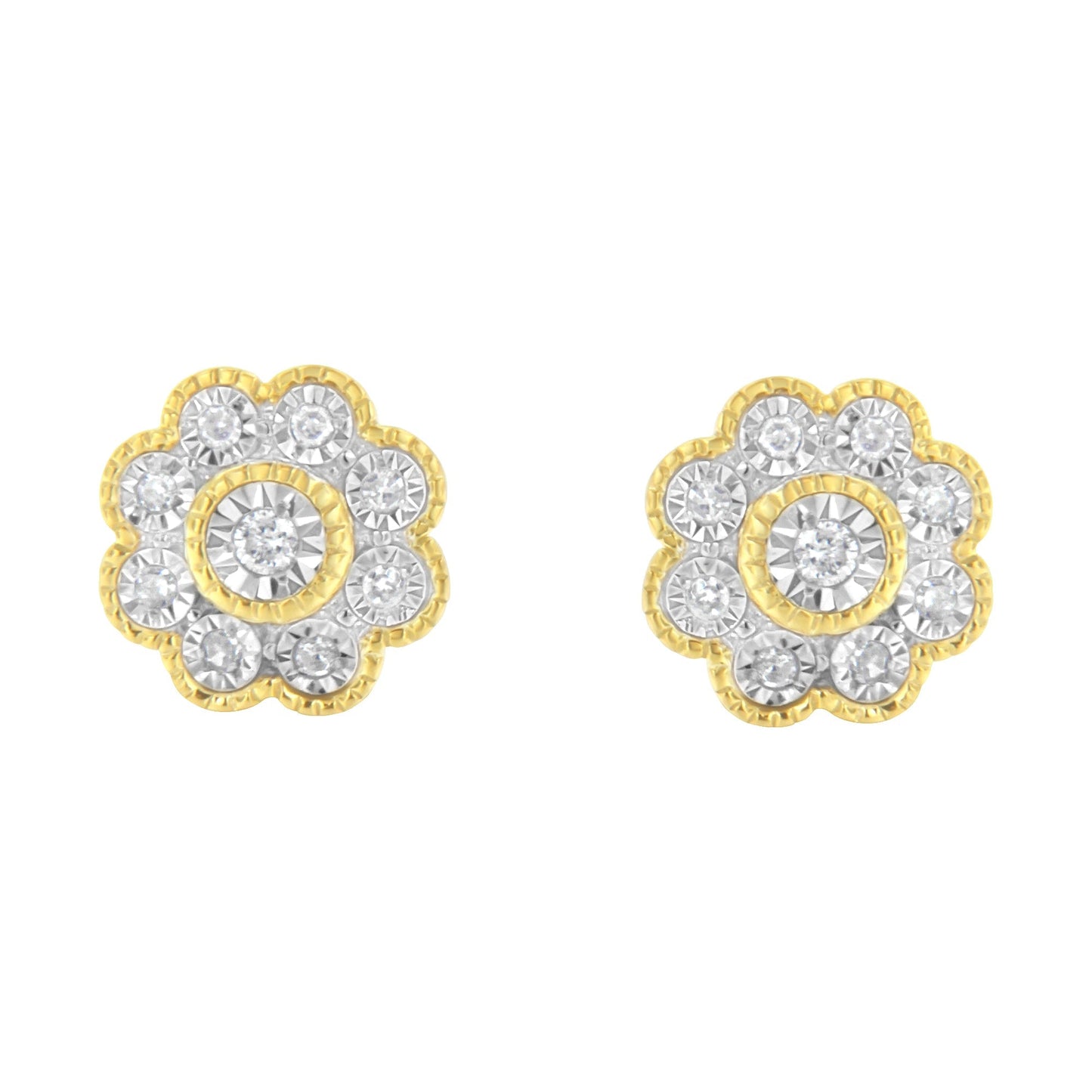 14K Yellow Gold Plated .925 Sterling Silver 1/6 Cttw Miracle-Plate Set Diamond Floral Stud Earrings (I-J Color, I2-I3 Clarity) Bids.com