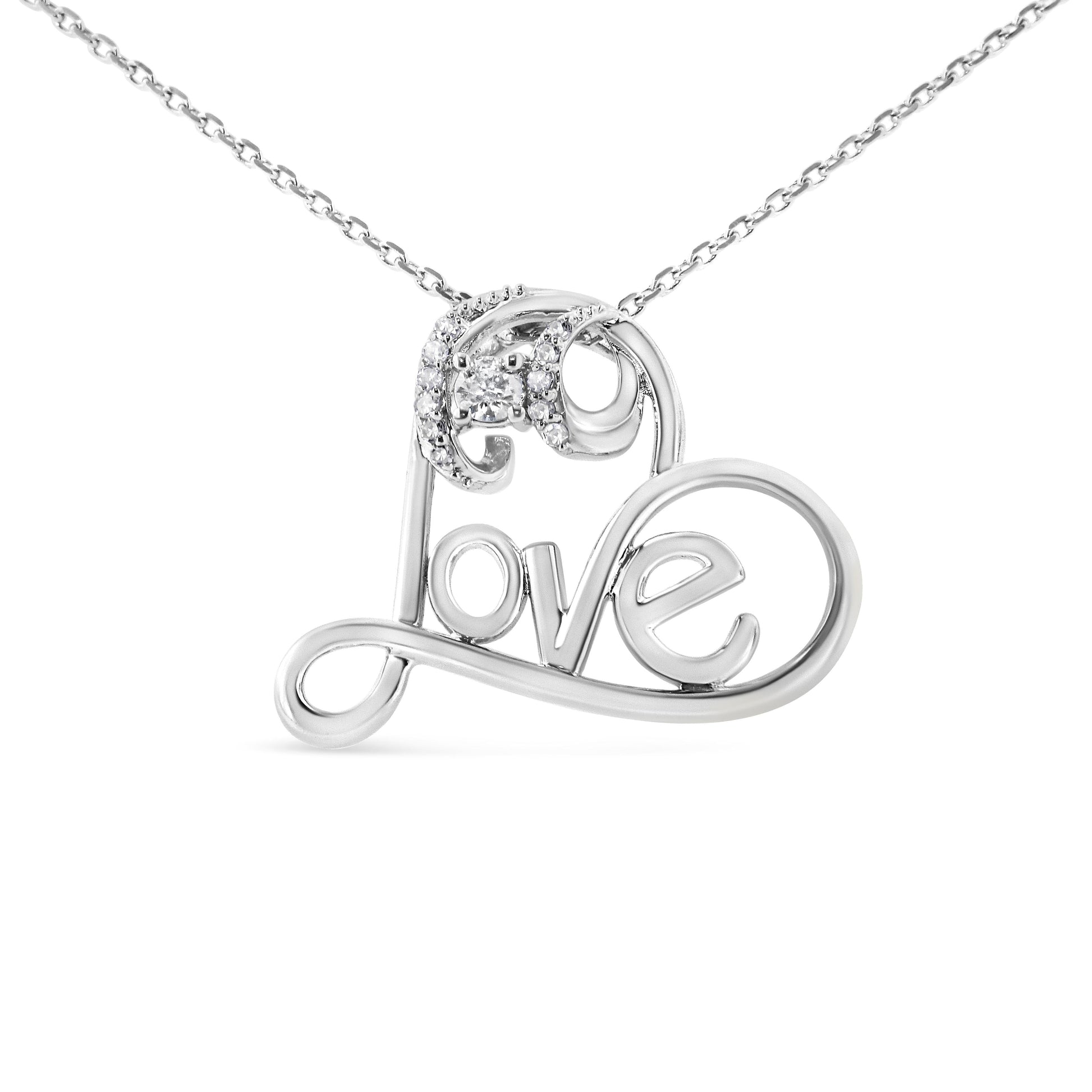 .925 Sterling Silver 1/10 Cttw Round Brilliant-Cut Diamond Accented Open Heart with Love 18" Pendant Necklace (H-I Color, I1-I2 Clarity) Bids.com