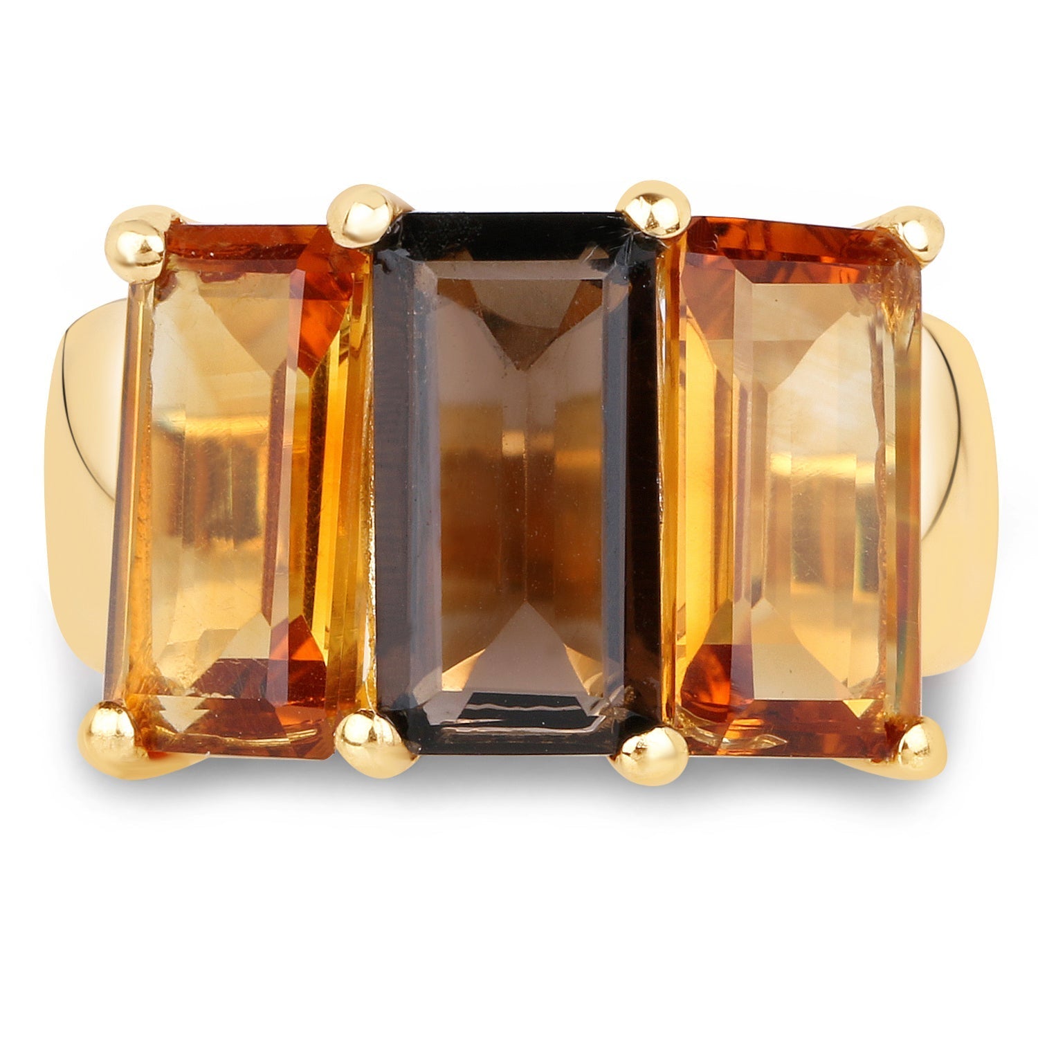 14K Yellow Gold Plated 8.14 Carat Genuine Smoky Quartz, Citrine and Champagne Quartz .925 Sterling Silver Ring Bids.com
