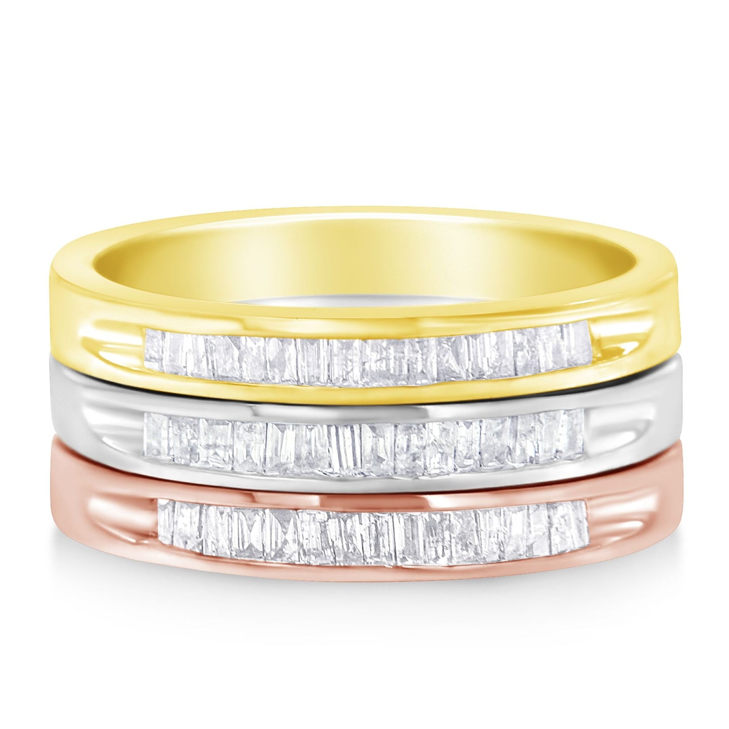 10K Yellow, White and Rose Gold over .925 Sterling Silver 5/8 Cttw Diamond Channel-Set Stackable Band Ring Set (H-I Color, I1-I2 Clarity) - Size 6 3/4 Bids.com