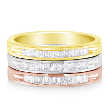 10K Yellow, White and Rose Gold over .925 Sterling Silver 5/8 Cttw Diamond Channel-Set Stackable Band Ring Set (H-I Color, I1-I2 Clarity) - Size 6 3/4 Bids.com