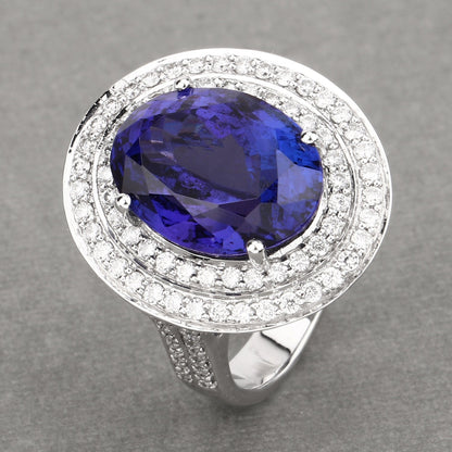 13.78 Carat Genuine Tanzanite and White Diamond 18K White Gold Ring Bids.com