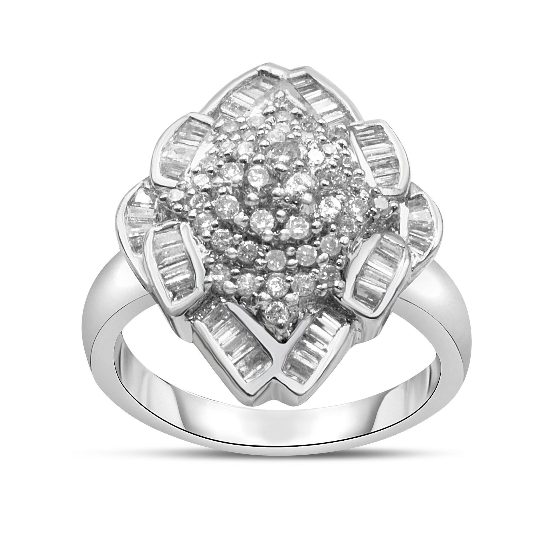 14K White Gold 7/8 Cttw Round and Baguette-Cut Diamond Cluster Ring (H-I Color, SI2-I1 Clarity) - Size 7 Bids.com