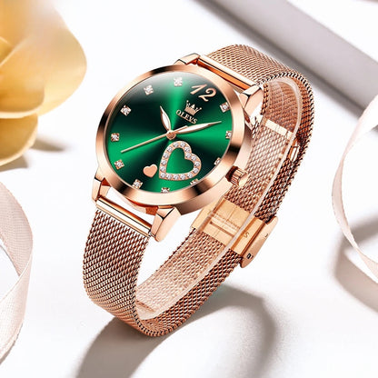 Rose Gold Mesh Women's Watch Heart Crystal Dial Quartz BandsCo Straps