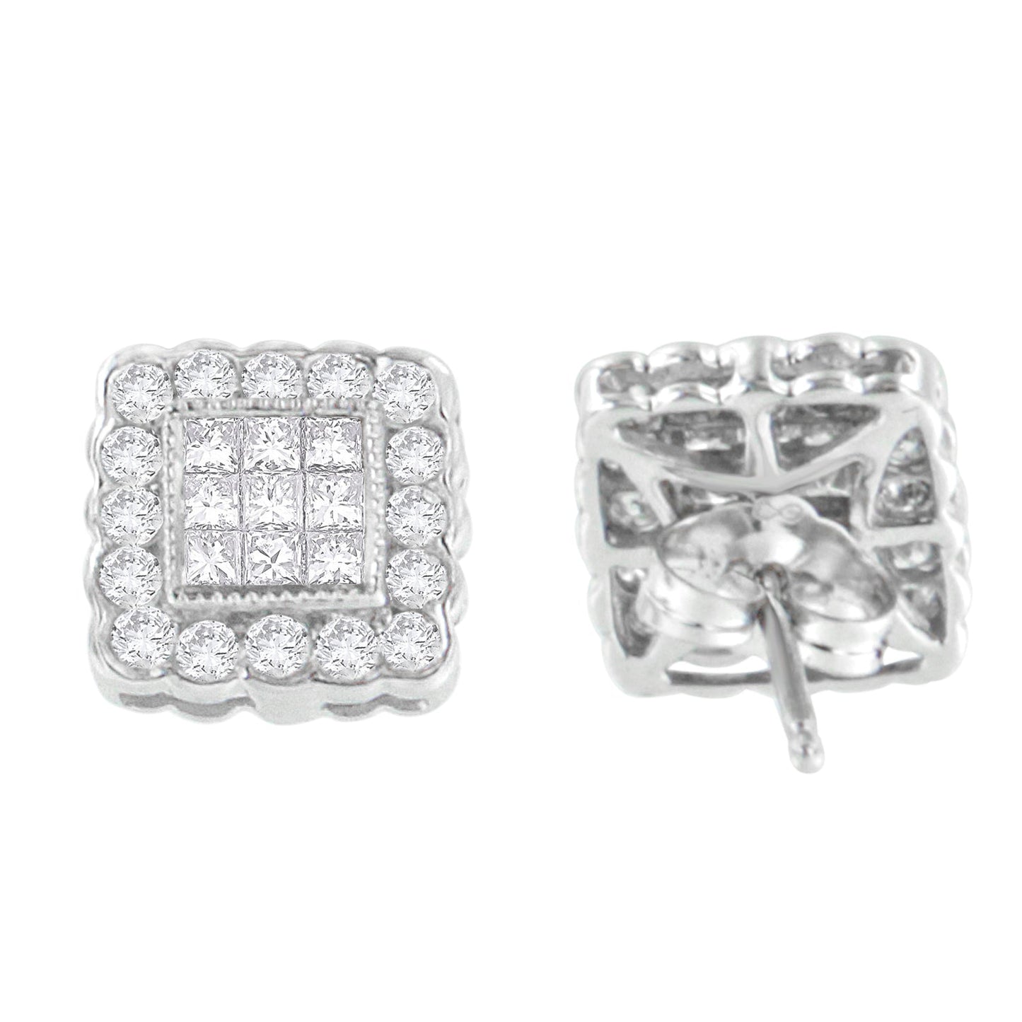 14K White Gold 1.0 Cttw Round Brilliant & Princess Cut Diamond Scallop-Edge Framed Square Halo Stud Earrings (G-H Color, SI1-SI2 Clarity) Bids.com