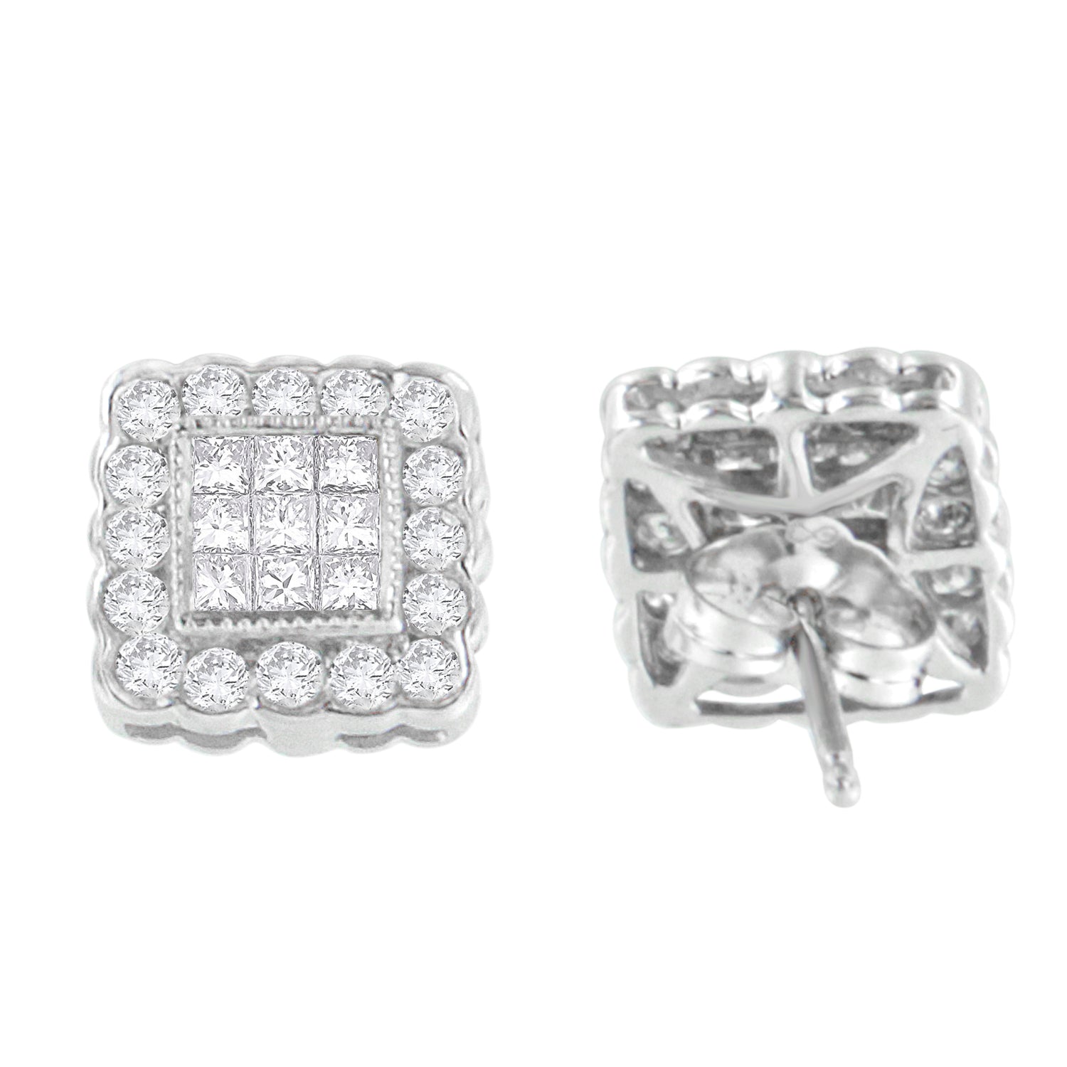 14K White Gold 1.0 Cttw Round Brilliant & Princess Cut Diamond Scallop-Edge Framed Square Halo Stud Earrings (G-H Color, SI1-SI2 Clarity) Bids.com
