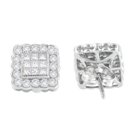 14K White Gold 1.0 Cttw Round Brilliant & Princess Cut Diamond Scallop-Edge Framed Square Halo Stud Earrings (G-H Color, SI1-SI2 Clarity) Bids.com