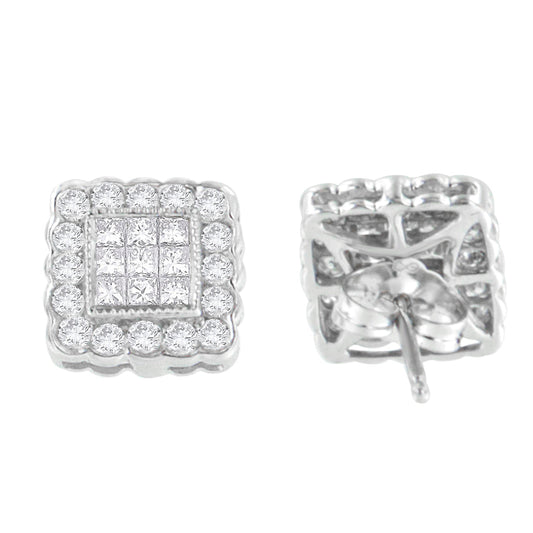 14K White Gold 1.0 Cttw Round Brilliant & Princess Cut Diamond Scallop-Edge Framed Square Halo Stud Earrings (G-H Color, SI1-SI2 Clarity) Bids.com