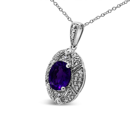 .925 Sterling Silver Diamond Accent and 9x7mm Purple Oval Amethyst Gemstone Pendant 18" Necklace (I-J Color, I1-I2 Clarity) Bids.com