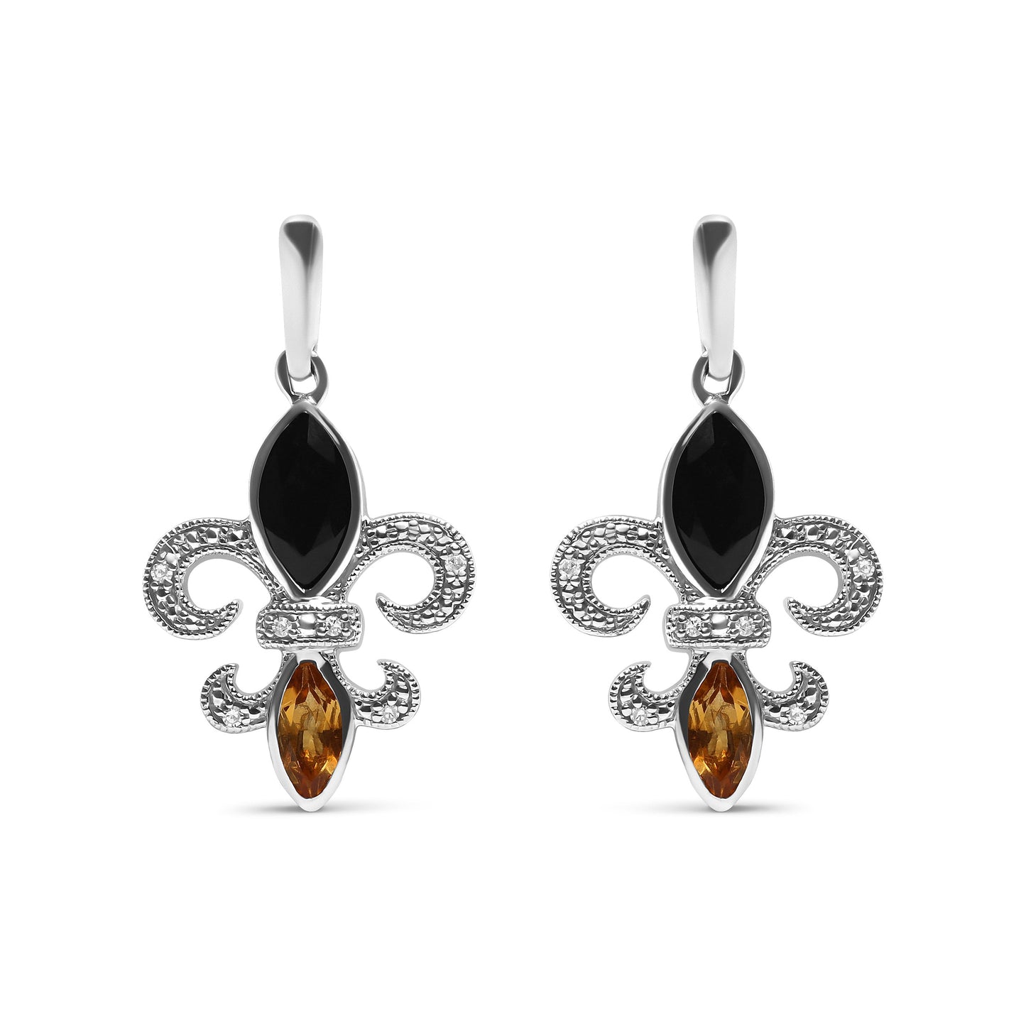 .925 Sterling Silver Marquise Cut Onyx and Citrine with Diamond Accent Fleur De Lis Drop Stud Earrings (H-I Color, SI1-SI2 Clarity) Bids.com