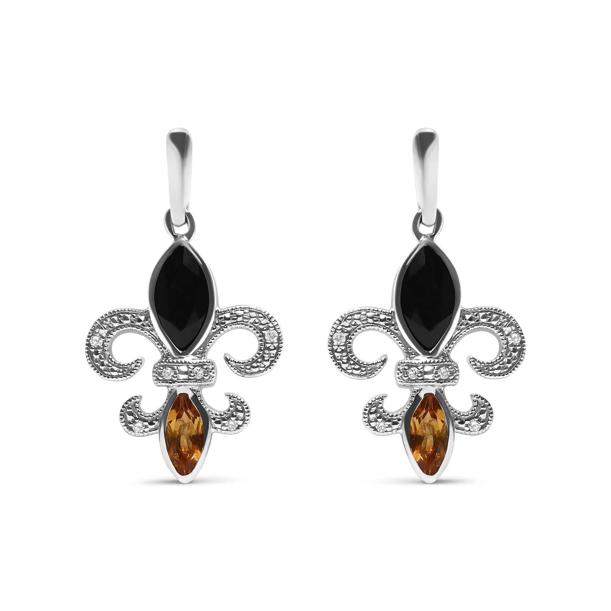 .925 Sterling Silver Marquise Cut Onyx and Citrine with Diamond Accent Fleur De Lis Drop Stud Earrings (H-I Color, SI1-SI2 Clarity) Bids.com