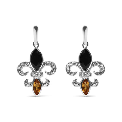 .925 Sterling Silver Marquise Cut Onyx and Citrine with Diamond Accent Fleur De Lis Drop Stud Earrings (H-I Color, SI1-SI2 Clarity) Bids.com