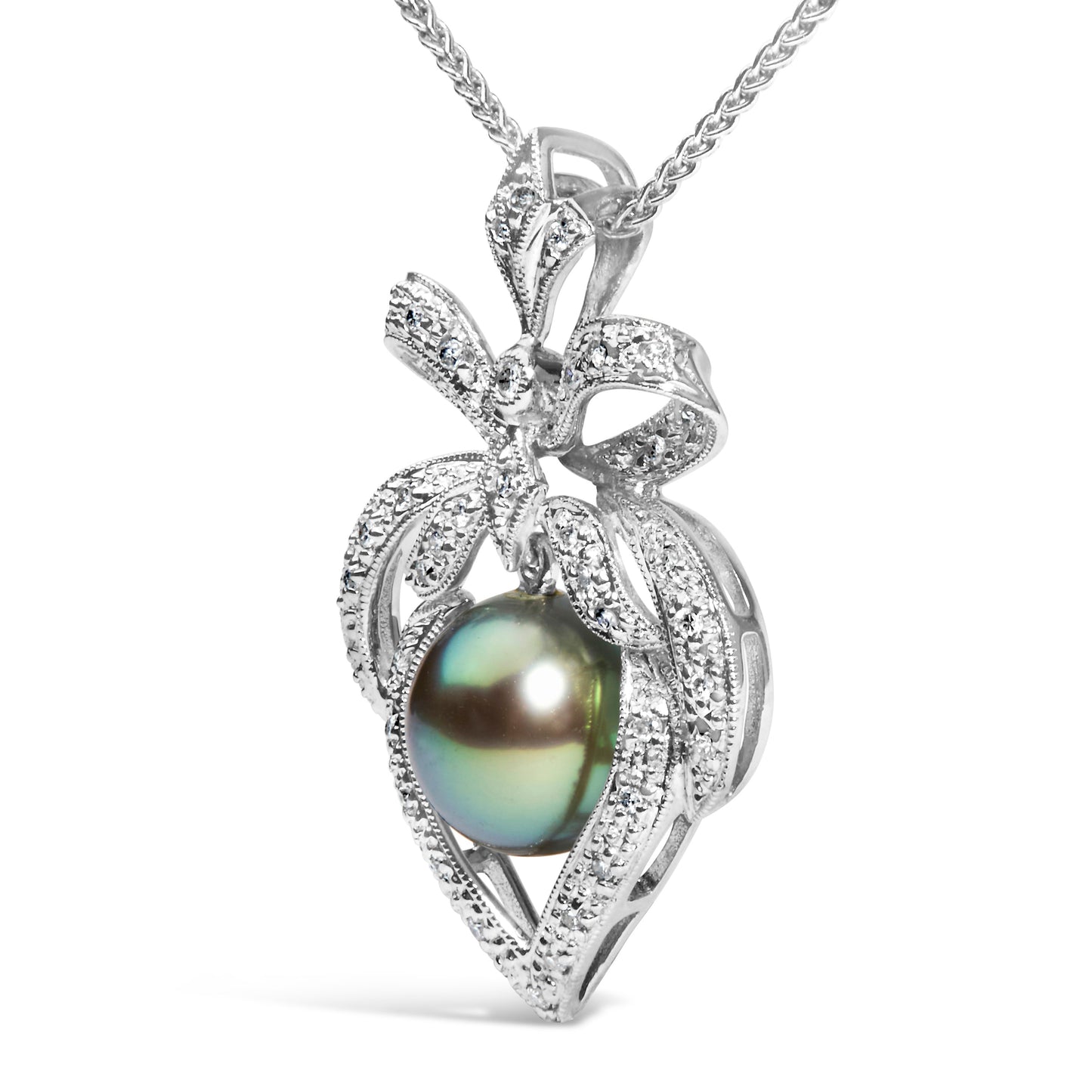 18K 3/4 Cttw Diamond and 12.5 MM Cultured Black Tahitian Pearl Heart Pendant Necklace (G-H Color, SI1-SI2 Clarity) - 18" Inches Bids.com
