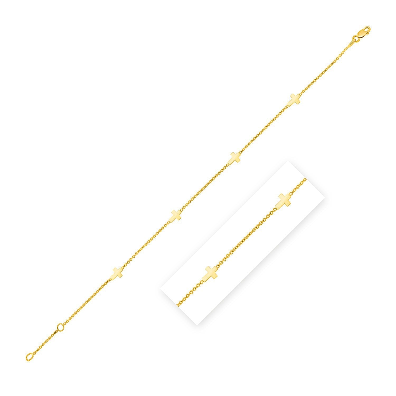 14k Yellow Gold Polished Station Cross Anklet (1.00 mm) Bids.com