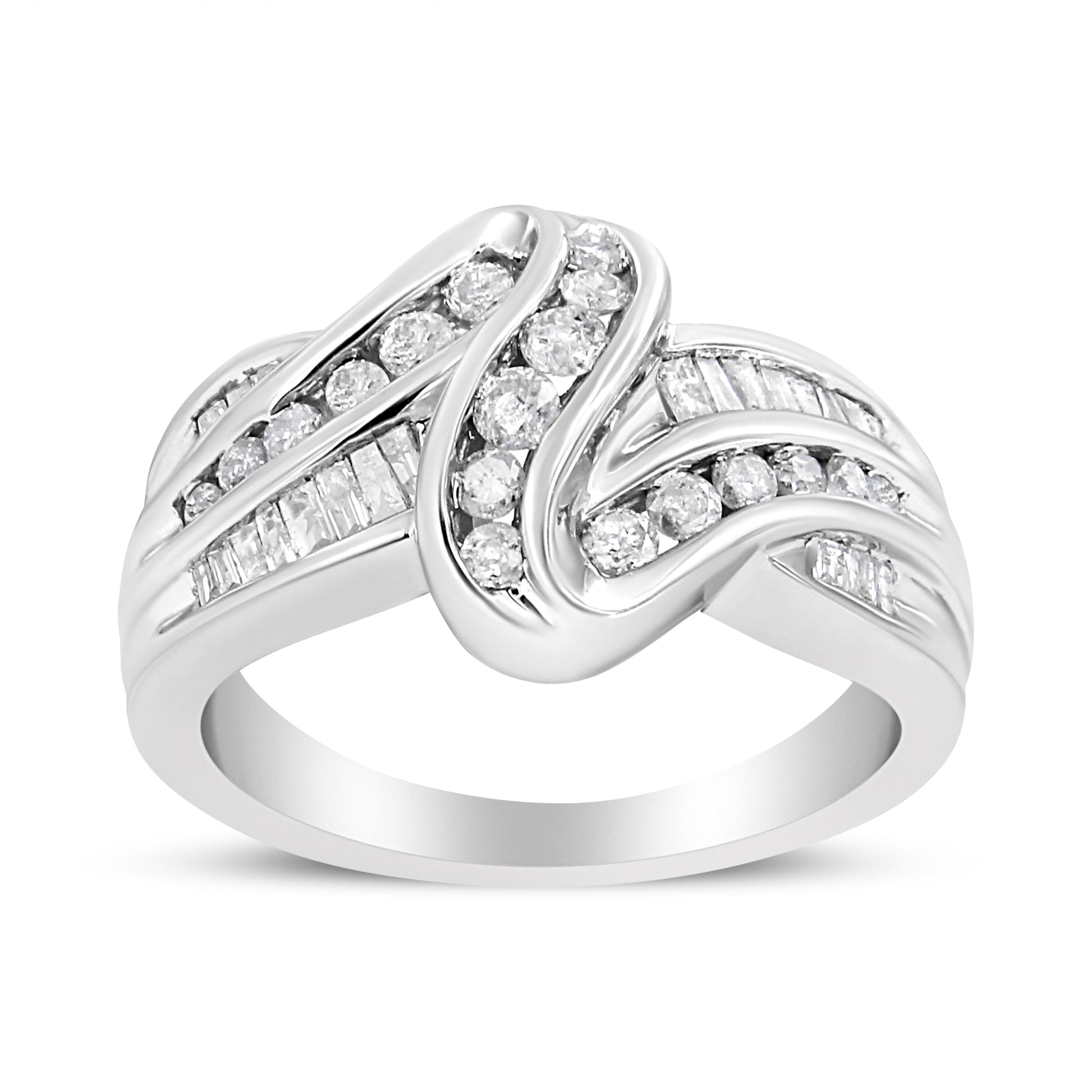 10K White Gold Ring 3/4 Cttw Round and Baguette-Cut Diamond Bypass Ring (H-I Color, I2-I3 Clarity) - Size 6 Bids.com