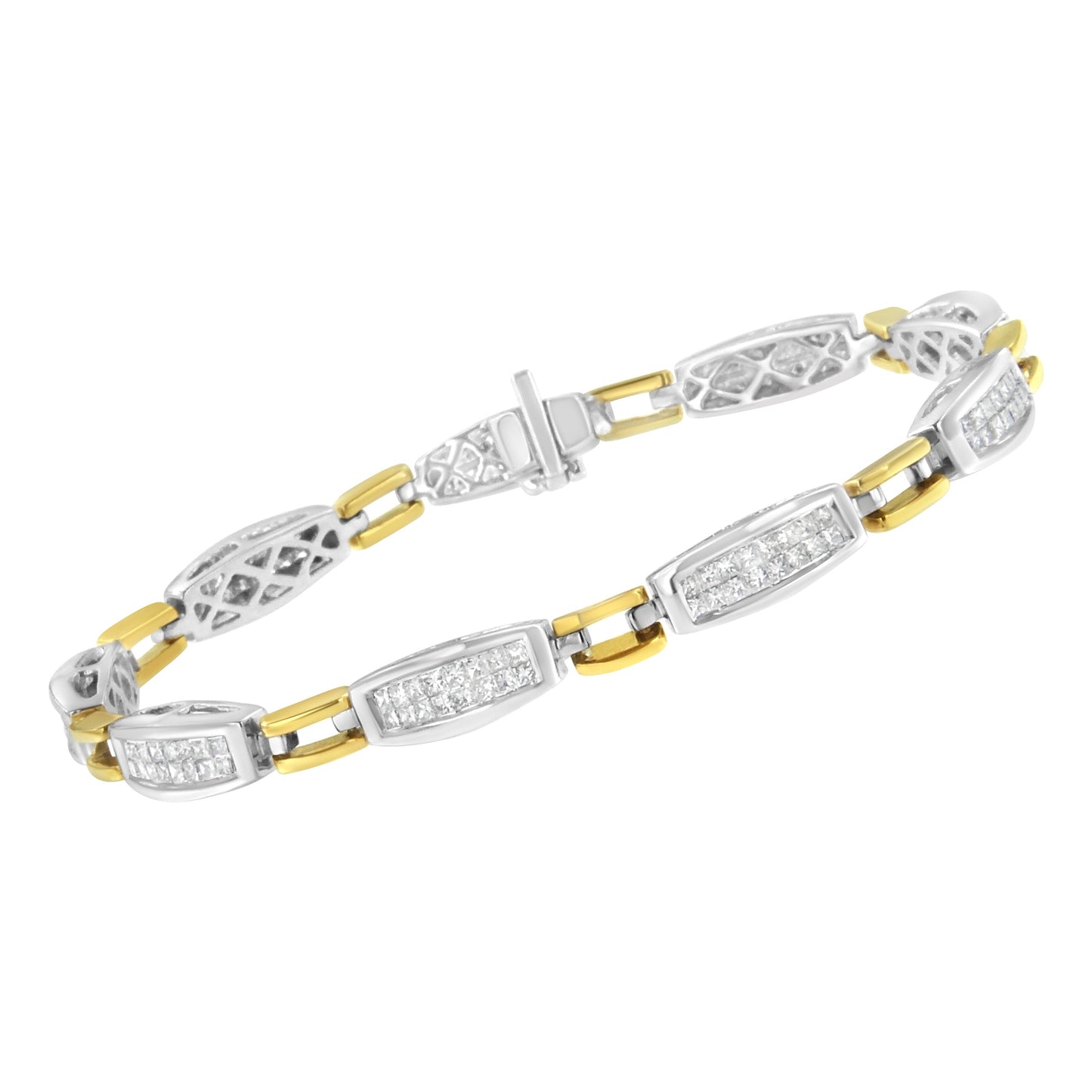 14K Yellow and White Gold 2.0 Cttw Princess Cut Diamond Tapered and Equal Sign Link Bracelet (G-H Color, SI1-SI2 Clarity) - 7" Bids.com