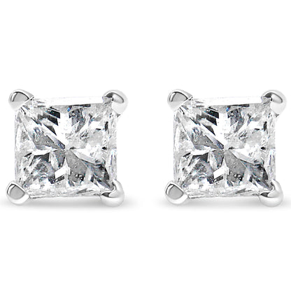 AGS Certified 14k White Gold 1.0 Cttw 4-Prong Set Princess-Cut Solitaire Diamond Push Back Stud Earrings for Women (E-F Color, I1-I2 Clarity) Bids.com