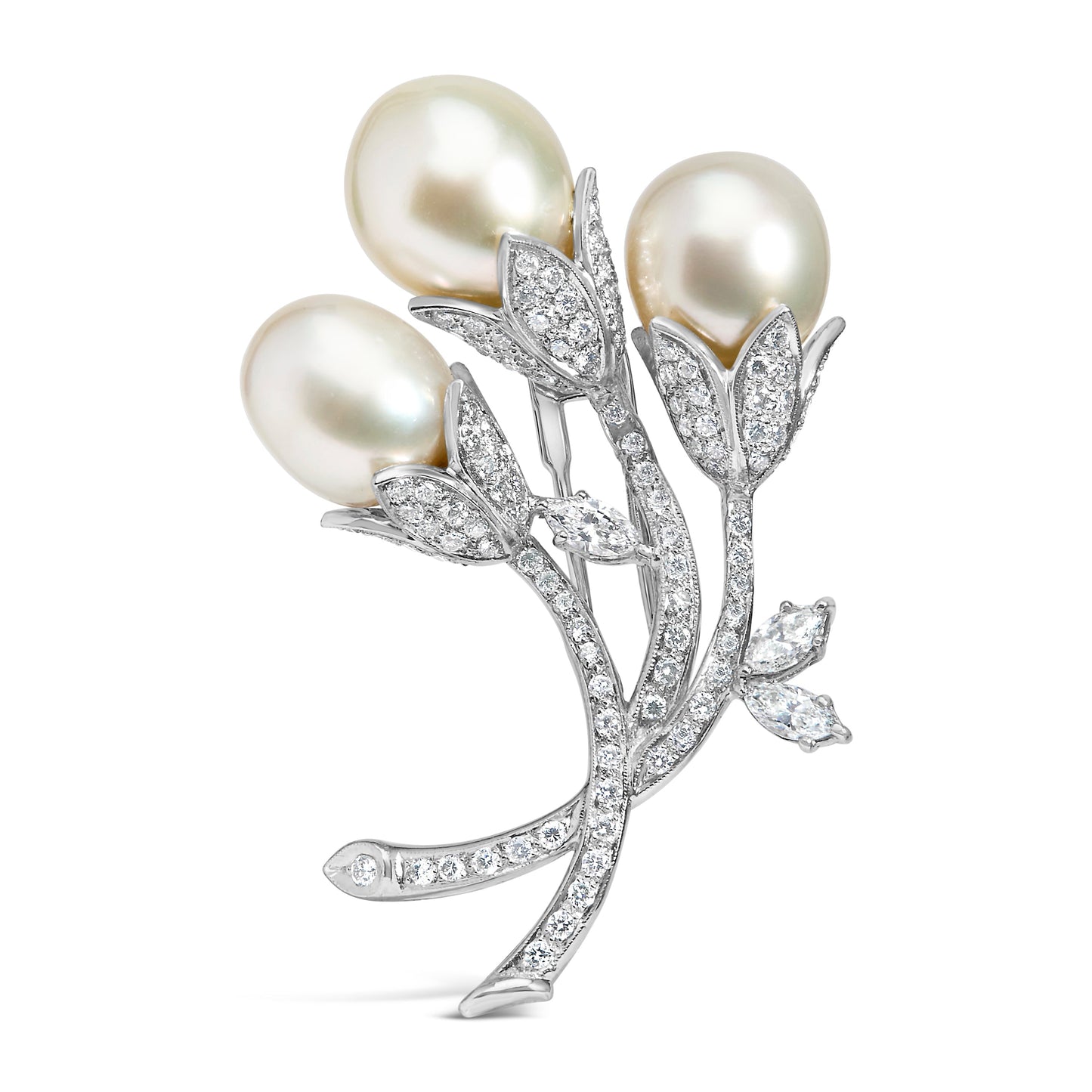 18K White Gold 2 1/5 Cttw Diamond and South Sea Pearl Floral Brooch Pin (G-H Color, VS1-VS2 Clarity) Bids.com
