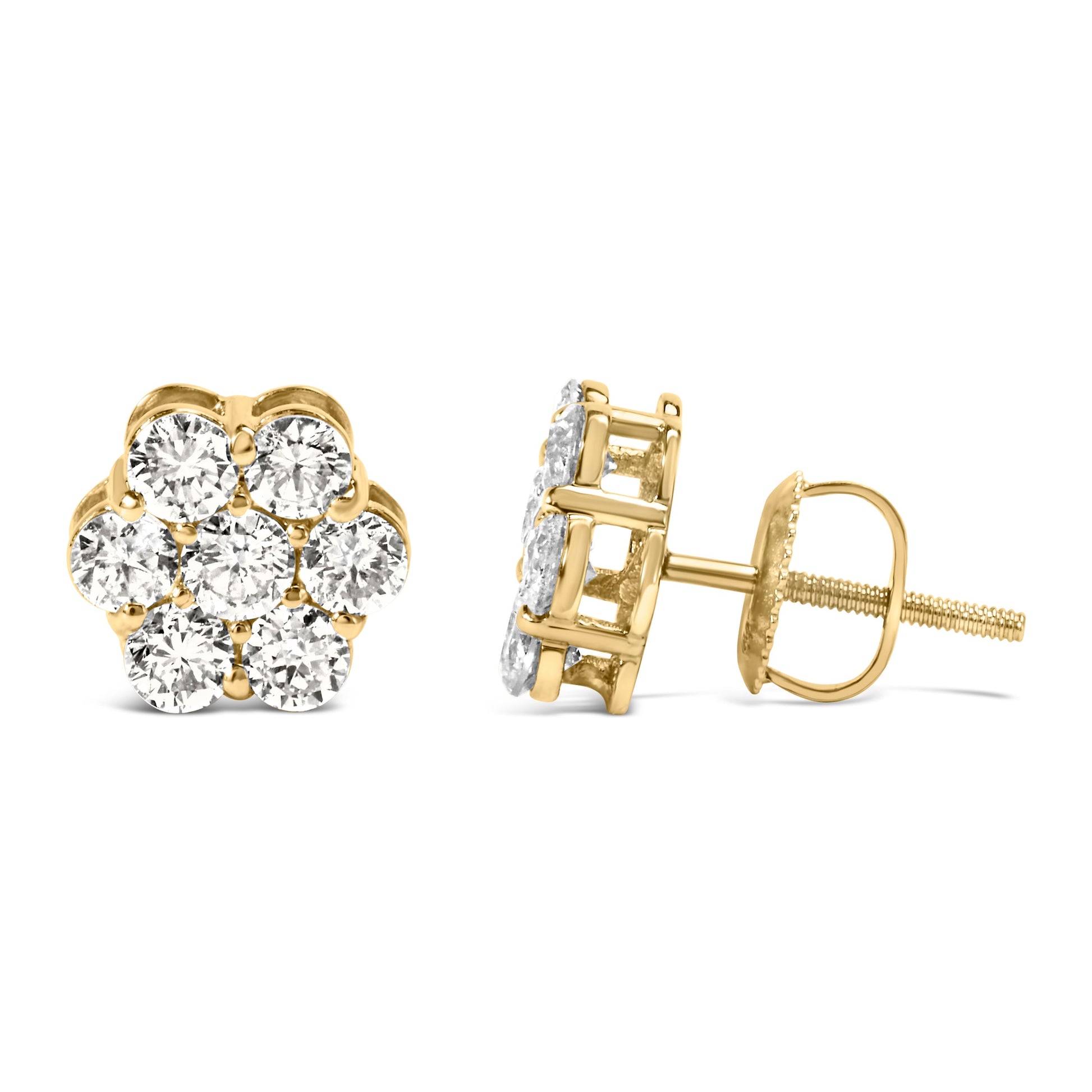 14K Yellow Gold 1 1/2 Cttw 7 Stone Floral Cluster Round Brilliant Cut Diamond Stud Earrings with Screw Backs (I-J Color, SI1-SI2 Clarity) Bids.com