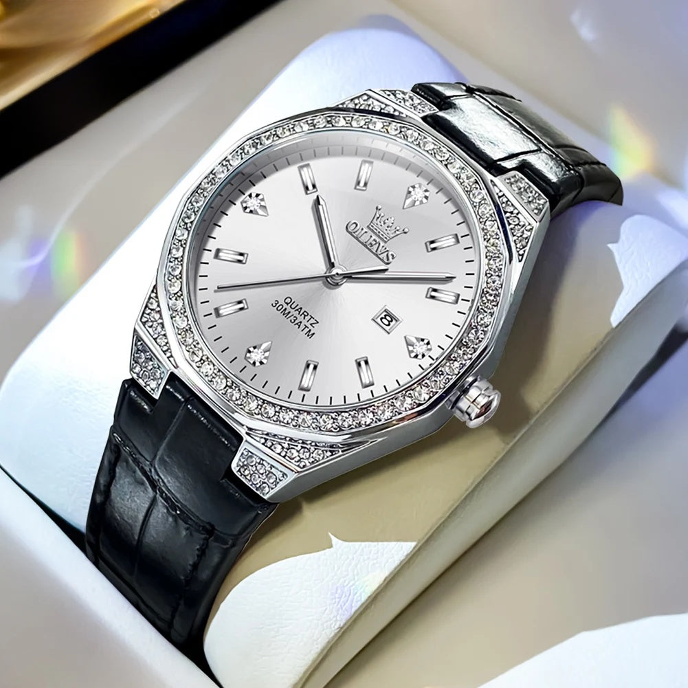 Women's Crystal Bezel White Leather Strap Watch Quartz Date BandsCo Straps
