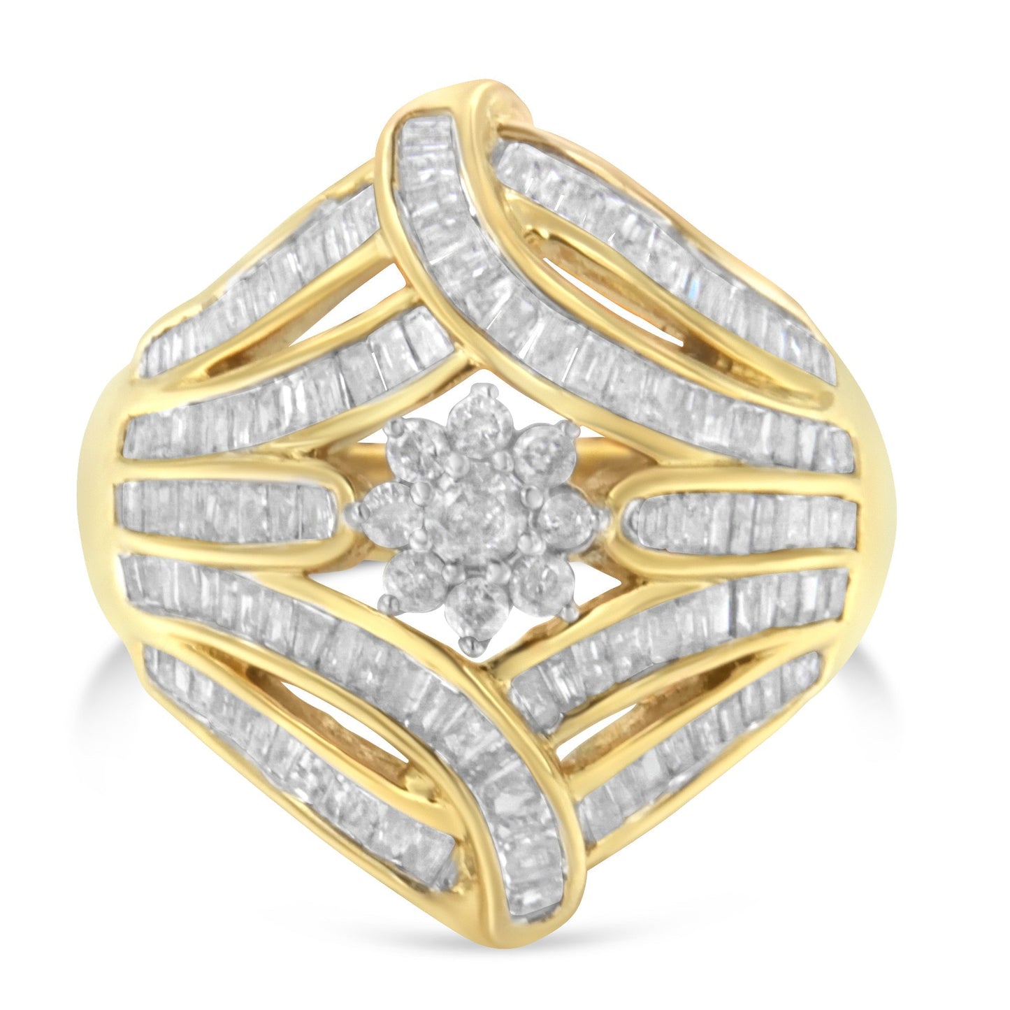 10K Yellow Gold Flashed .925 Sterling Silver 1-1/8 Cttw Round & Baguette Diamond 'Flower & Fern' Cluster Cocktail Fashion Ring (I-J Color, I2-I3 Clarity) - Size 6 Bids.com