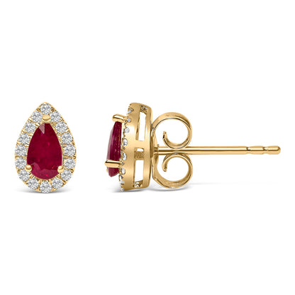10K Yellow Gold 5X3 MM Pear-Cut Ruby and 1/7 Cttw Diamond Halo Stud Earrings (I-J Color, I1-I2 Clarity) Bids.com