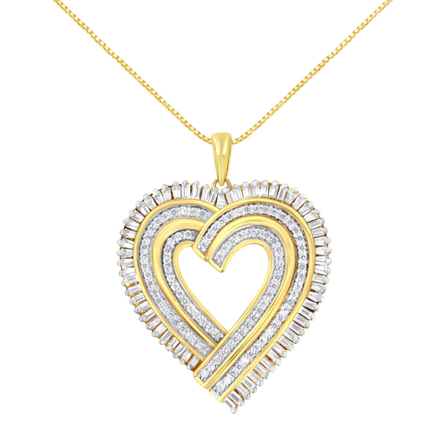 14K Yellow Gold Plated .925 Sterling Silver 1/4 Cttw Round and Baguette-Cut Diamond Composite Heart 18" Pendant Necklace (H-I Color, SI2-I1 Clarity) Bids.com