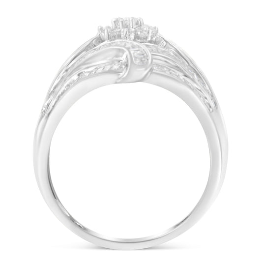 .925 Sterling Silver 1-1/8 Cttw Round & Baguette Diamond 'Flower & Fern' Cluster Cocktail Fashion Ring (I-J Color, I2-I3 Clarity) - Size 6 Bids.com