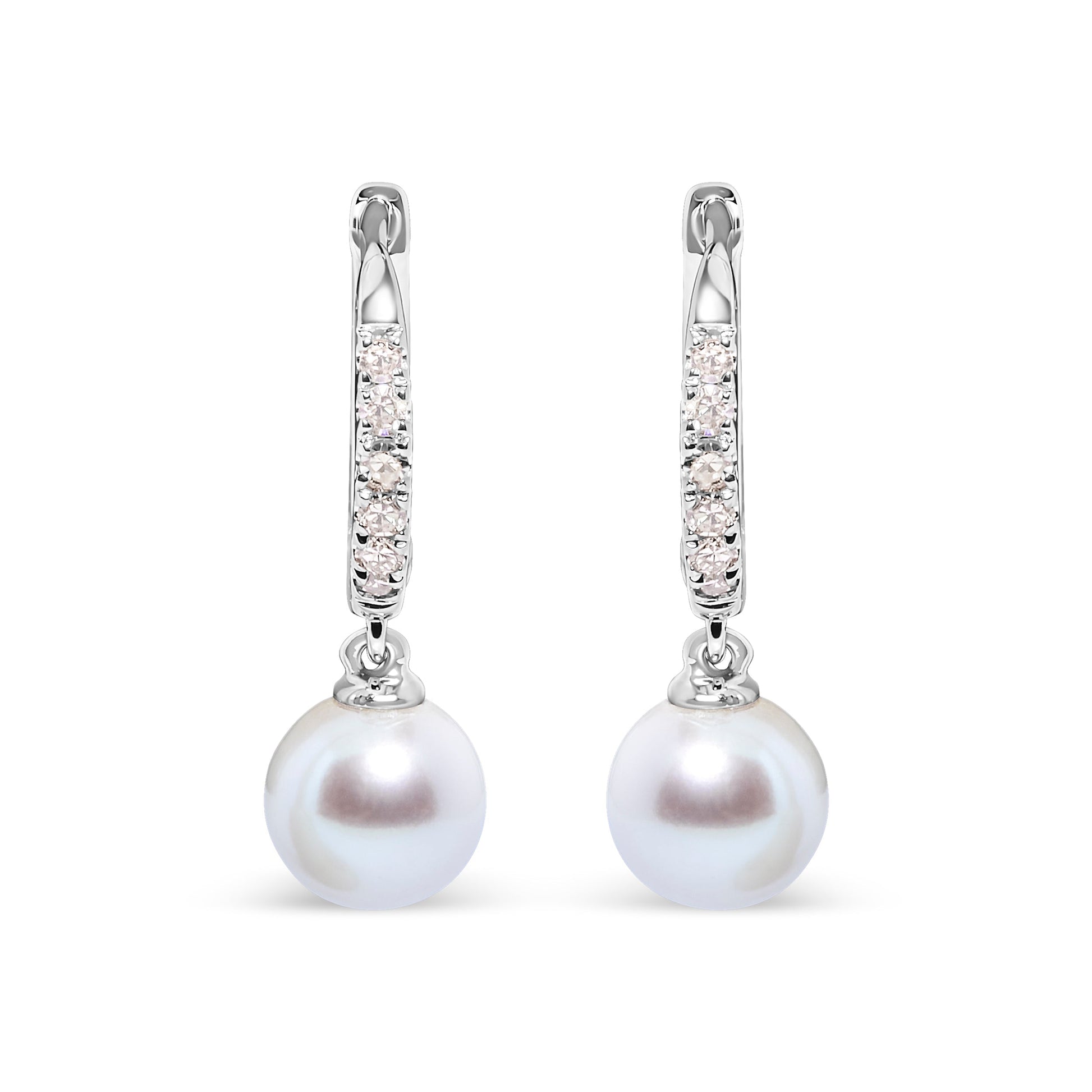10K White Gold 6x6 MM Cultured Freshwater Pearl and Diamond Accent Drop Huggy Earring (H-I Color, I1-I2 Clarity) Bids.com