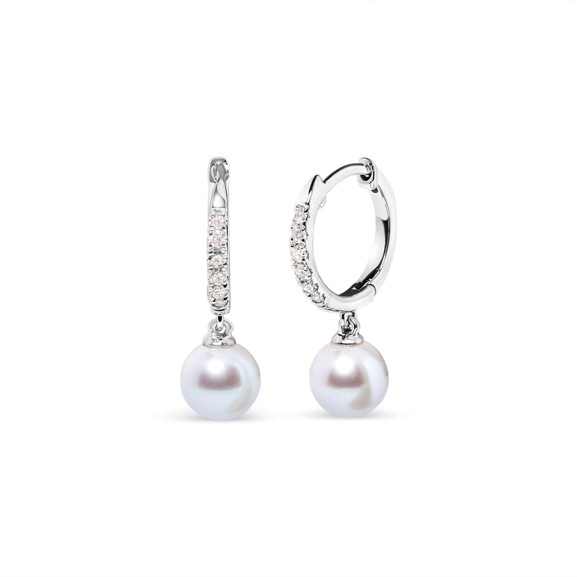 10K White Gold 6x6 MM Cultured Freshwater Pearl and Diamond Accent Drop Huggy Earring (H-I Color, I1-I2 Clarity) Bids.com