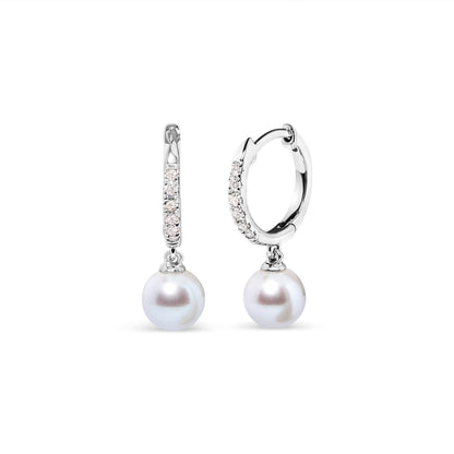 10K White Gold 6x6 MM Cultured Freshwater Pearl and Diamond Accent Drop Huggy Earring (H-I Color, I1-I2 Clarity) Bids.com