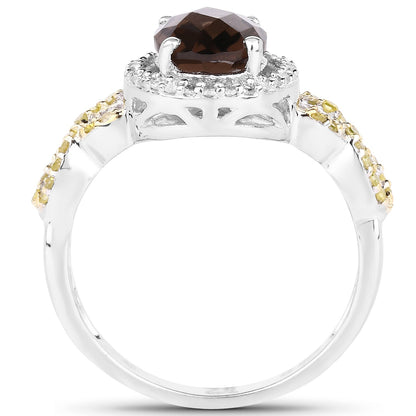 1.90 Carat Genuine Smoky Quartz, Yellow Diamond & White Diamond .925 Sterling Silver Ring Bids.com