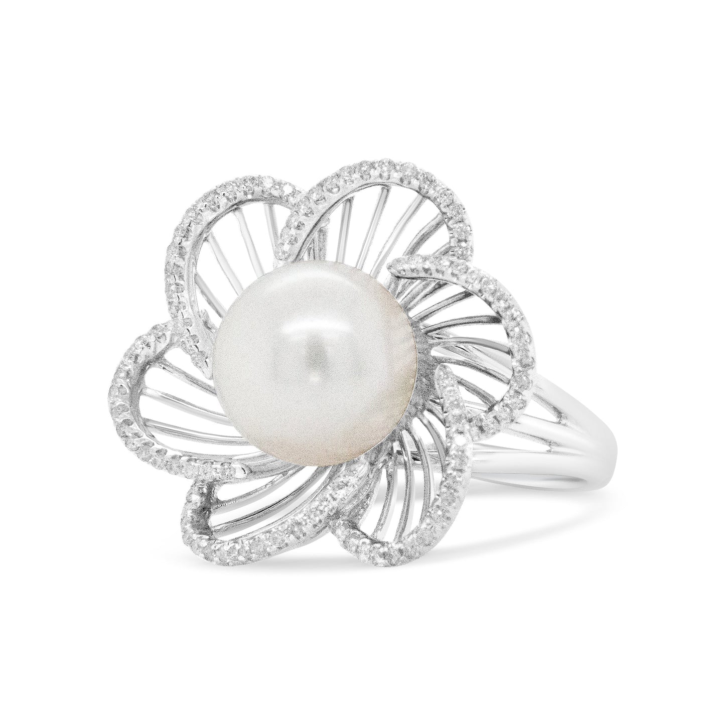 14K White Gold 11mm Round Pearl and 1/3 Cttw Round Diamond Openwork Flower Blossom Ring (H-I Color, VS1-VS2 Clarity) - Size 6.50 Bids.com