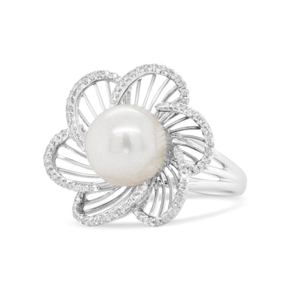 14K White Gold 11mm Round Pearl and 1/3 Cttw Round Diamond Openwork Flower Blossom Ring (H-I Color, VS1-VS2 Clarity) - Size 6.50 Bids.com