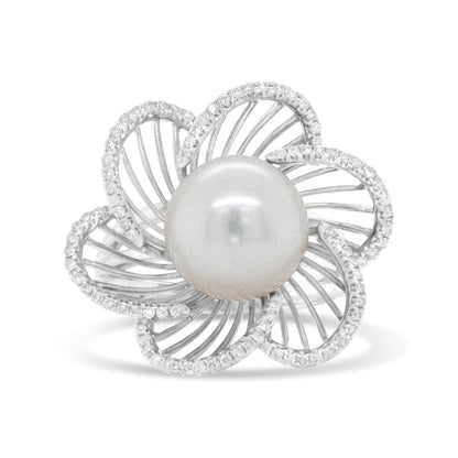 14K White Gold 11mm Round Pearl and 1/3 Cttw Round Diamond Openwork Flower Blossom Ring (H-I Color, VS1-VS2 Clarity) - Size 6.50 Bids.com