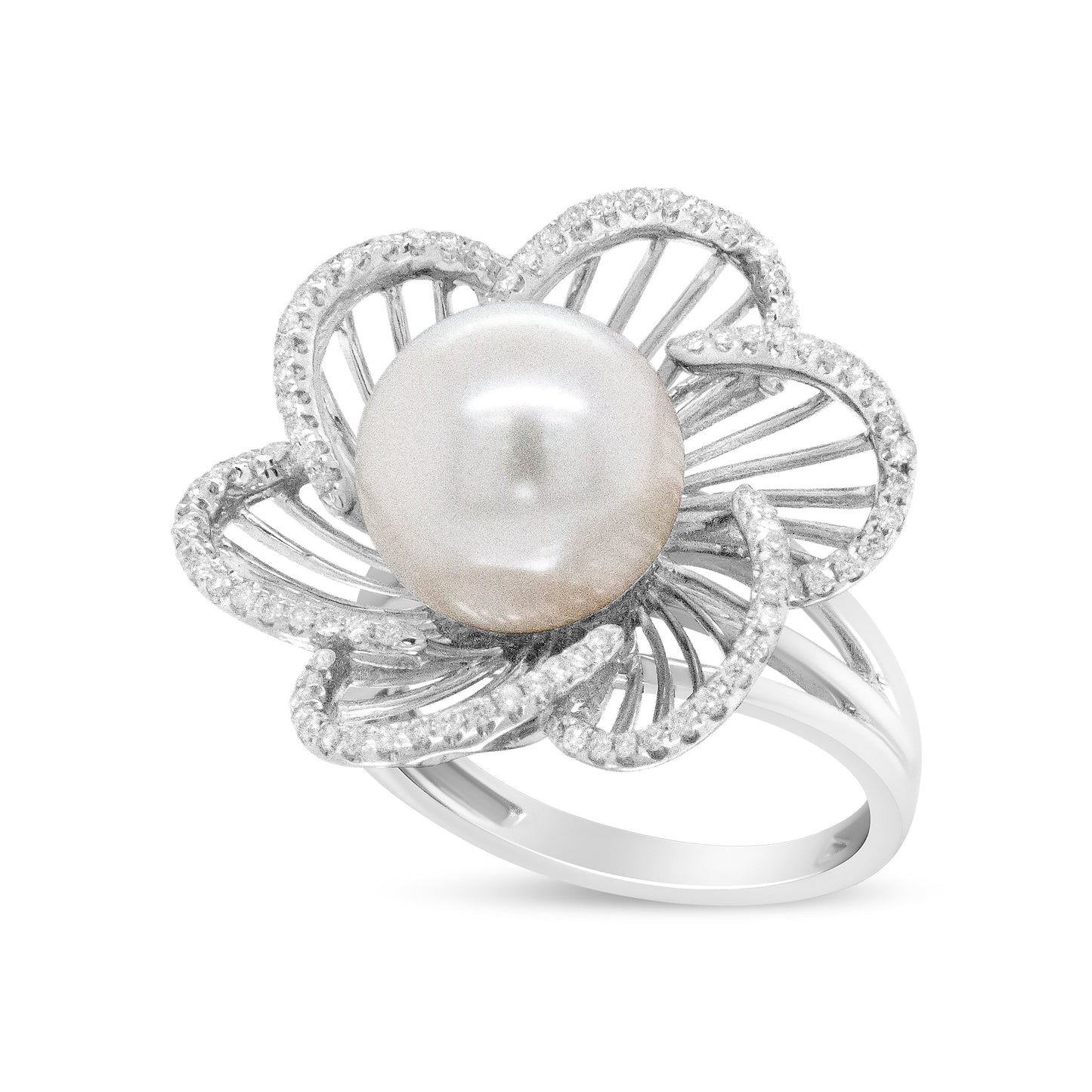 14K White Gold 11mm Round Pearl and 1/3 Cttw Round Diamond Openwork Flower Blossom Ring (H-I Color, VS1-VS2 Clarity) - Size 6.50 Bids.com